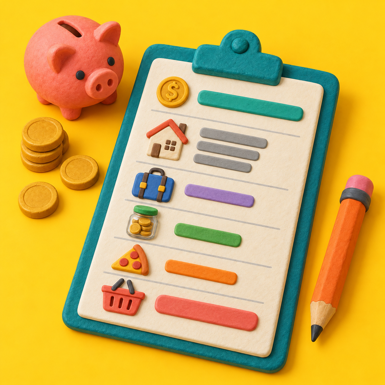 Clay-style one-page budget clipboard with colored expense rows, a piggy bank, coins and a pencil on a yellow background.